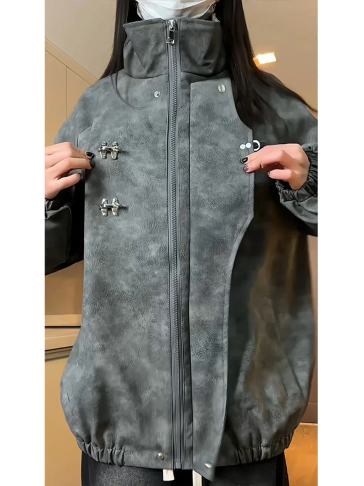 

Мужская куртка в стиле ретро, свободного кроя, повседневная, с эффектом тай-дай, воротником-стойкой, из искусственной кожи, для весны и осени, модная уличная одежда