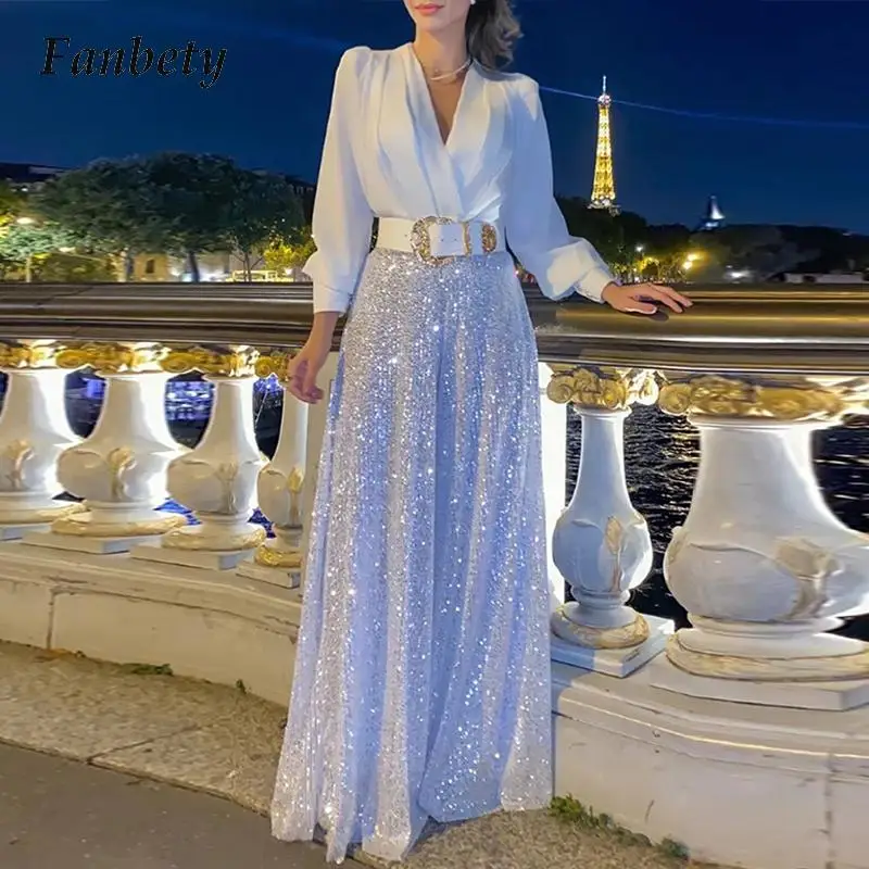 

Spring Women Elegant Outfits Office Lady Sexy V-Neck Blouse Tops + Solid Sequin Wide Leg Pants Two Piece Suits Fashion Party Set