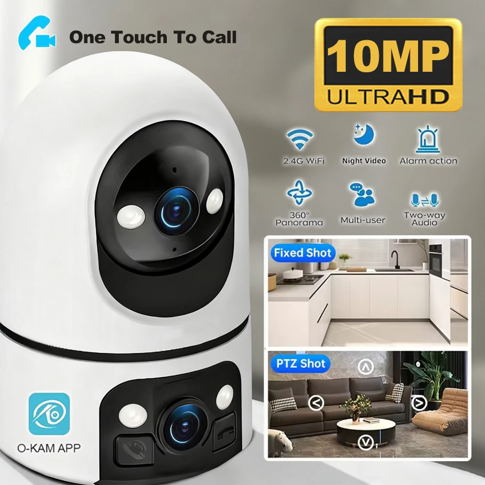 10MP WiFi Indoor Smart  Security Camera 5K UHD Dual Screen Lens Infrared Night Vision Motion Detection Auto Track Two-Way Audio