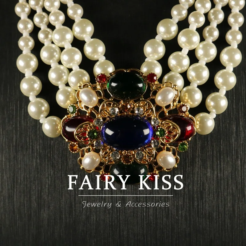 Retro three-dimensional glass diamond necklace multilevel pearl chain sweater necklace accessory