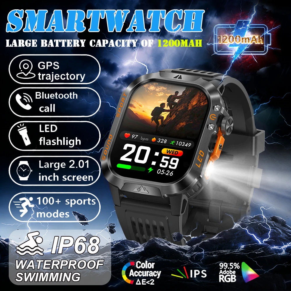 

2026 New 1200mAh Big Battery Smart Watch Men Outdoor GPS Flashlight IP68 Waterproof Bluetooth Call AMOLED HD Sports Smartwatch