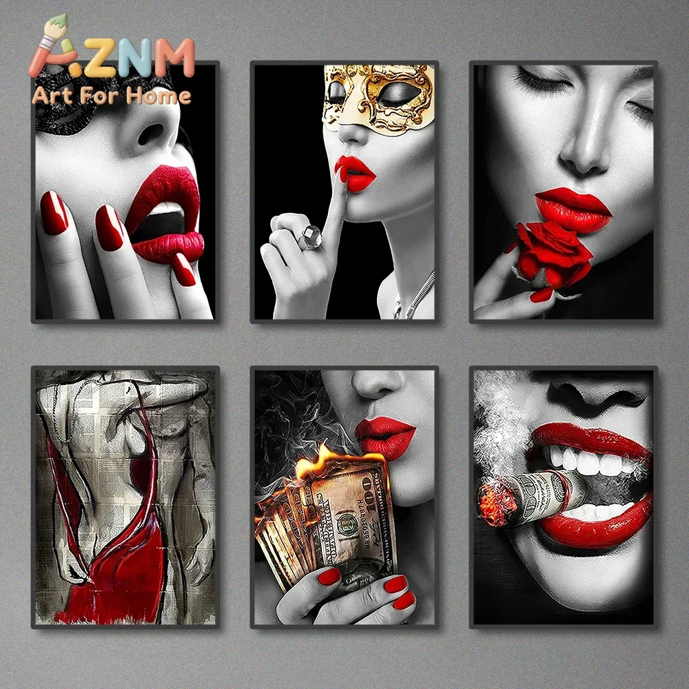 Red Lips and Flames Posters Prints Sexy Girl Toilet Art Abstract Desire Canvas Paintings for Home Living Room Decor