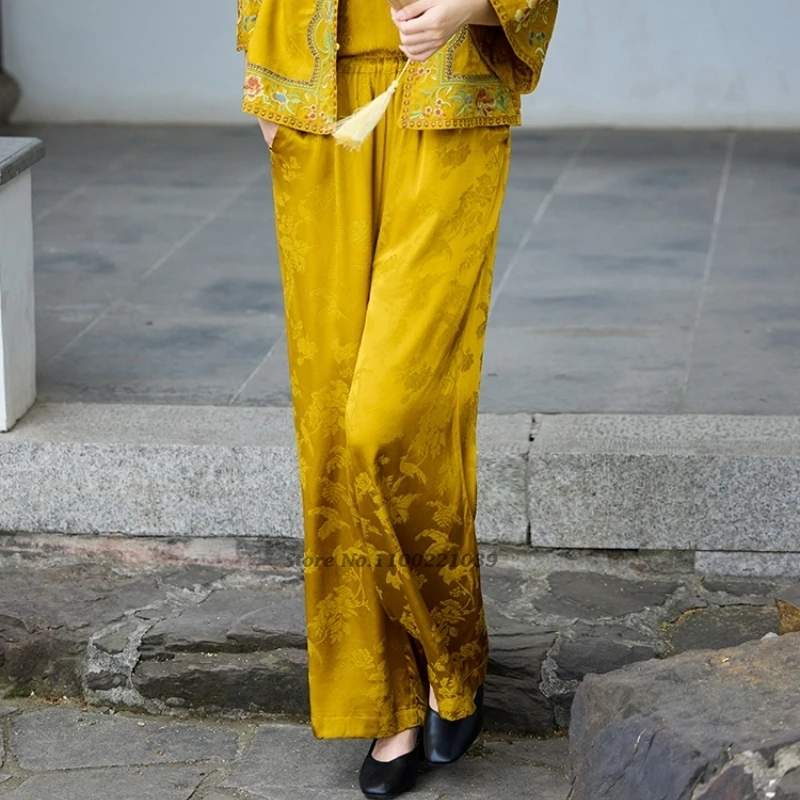 2025 pantaloni popolari vintage cinesi pantaloni jacquard in raso retrò pantaloni larghi etnici tradizionali pantaloni larghi in vita elastica