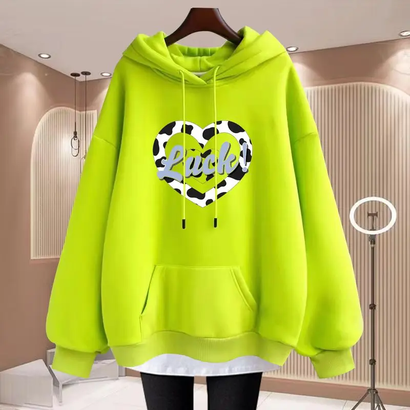 Hooded Sweatshirt Women in Autumn Winter Size 300 Pounds Loose and Lazy Style with Thick Velvet Fake Two Pieces Medium to Long