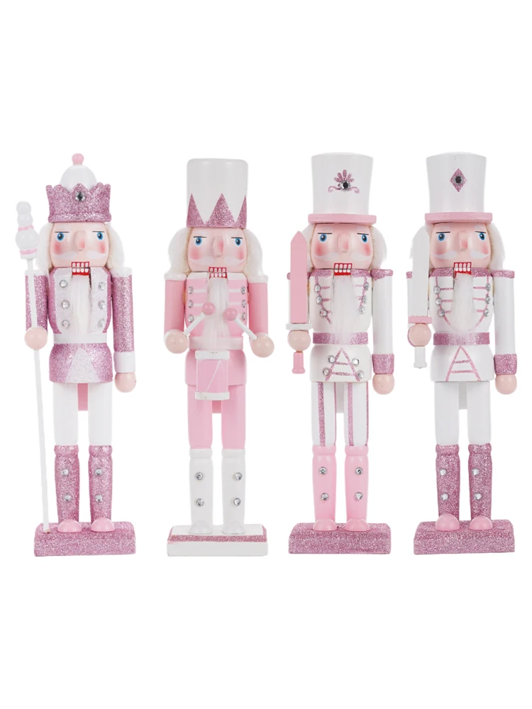 30CM Wooden Nutcracker Solider Figurine Puppet Pink Glitter Soldier Doll Toy Handcraft Ornament Christmas Home Office Decoration