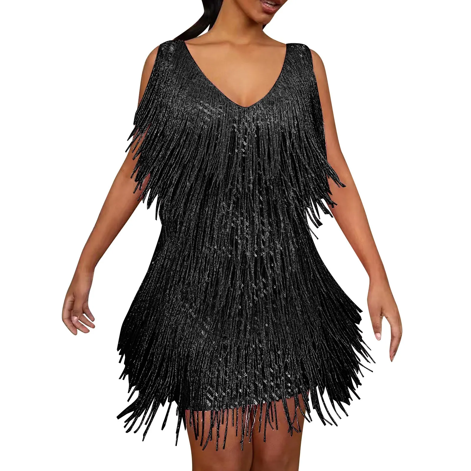 Deep V-Neck Sleeveless Backless Hip Wrap Summer Dress Sexy Women Fringed Sequin Stitching Mini Pencil Club Wear Tassel Vestido 1