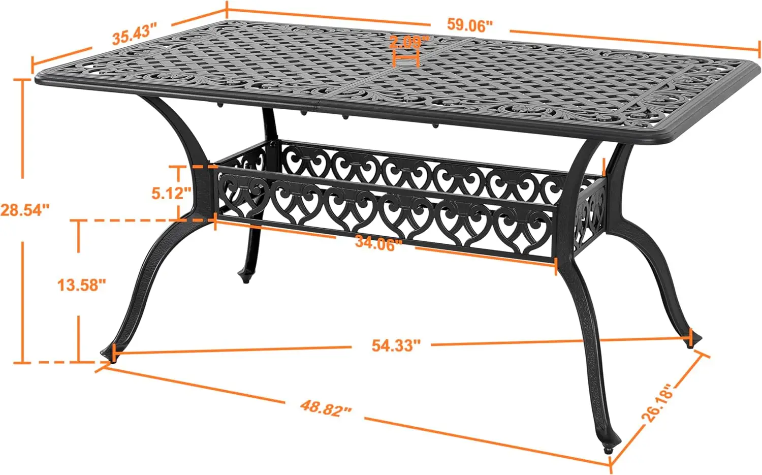 NUU GARDEN 60 inch umbrella hole cast aluminum outdoor dining table, rectangular dining table for 6-8 people,