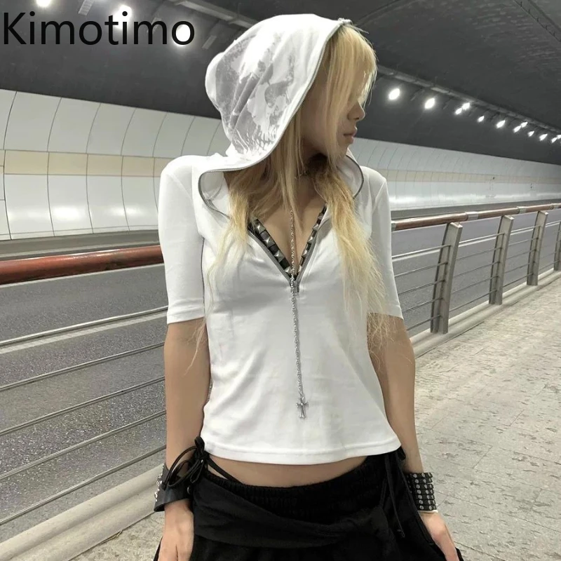 

Kimotimo Harajuku Skull Print Hoodie Women Y2k Aesthetic Slim Fit Short Sleeve Zipper Tops 2025 Summer Gothic Grunge Sweatshirt