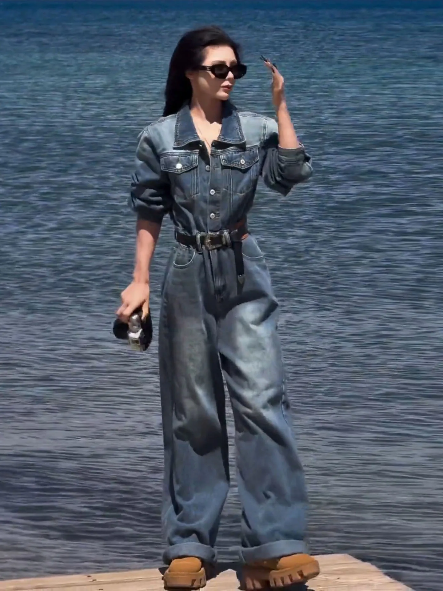 Mono vaquero Retro americano Waed para mujer, traje de una pieza de pierna ancha, holgado, informal, adelgazante, pantalones largos de cintura alta, corte recto