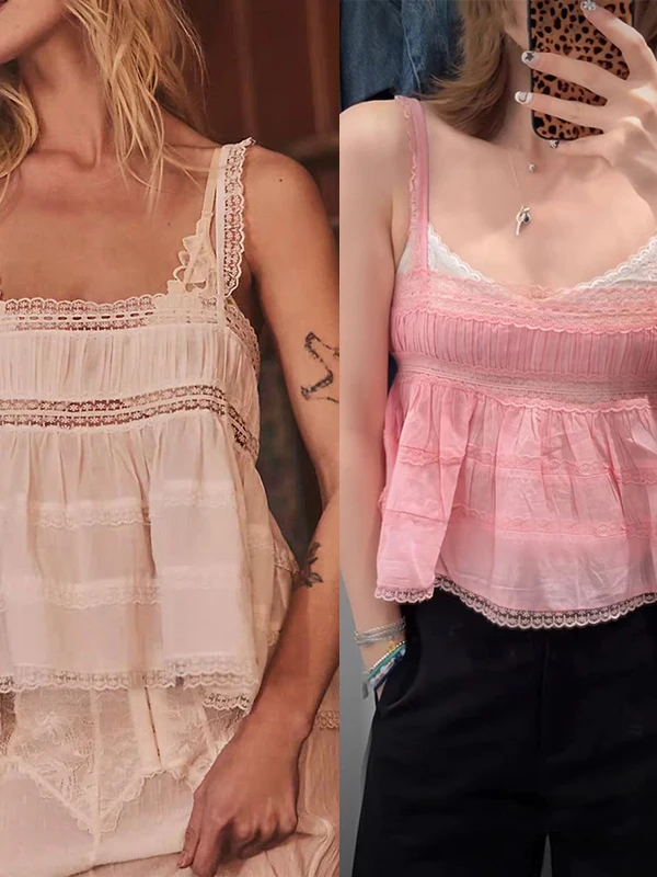 

Spring Summer New Sweet Spicy Romantic Hollow out Floral Embroidery Lace Trim Girl's Strap Vest Top Cotton 100% U-Neck S...