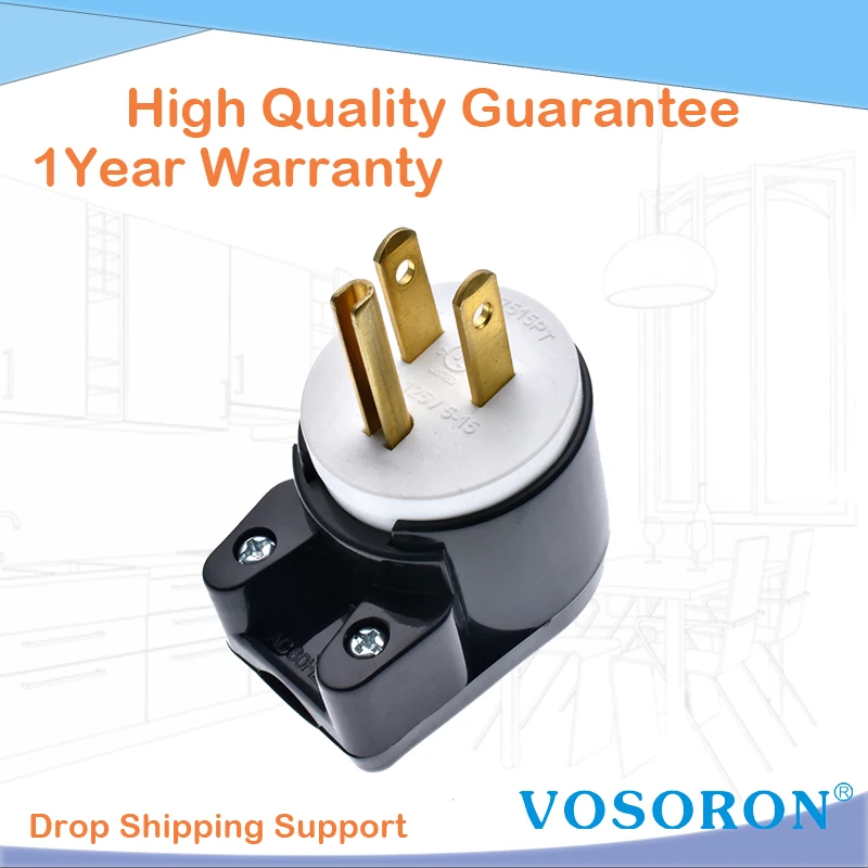Right Angle Nema 5-15P 15A AC Plug, Easy Assembly 90 Degree USA Canada Male DIY Rewirable 12 Directions Adjustable AC Connector