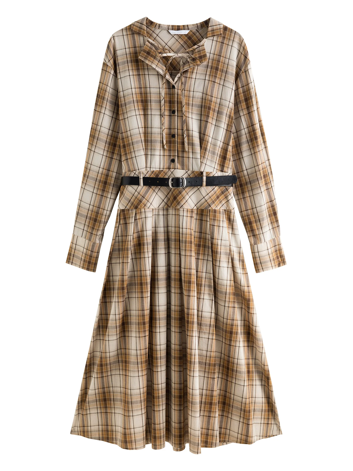 FSLE Women Long Plaid Dress Turn-down Collar A-LINE Cotton Dress Autumn Retro Brown Plaid Long Dress With Sashes 24FS13313