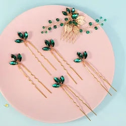 Fashion Green Hair Comb & Pin Set Rhinestone Crystal Hair Clip Headpiece Bride Wedding Jewelry Accessories Bridesmaid Gift