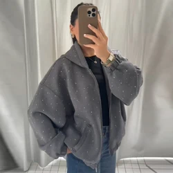 Trendy Rhinestone Zipper Hoodies Raglan Sleeve Hooded Sweatshirt Puff Bud Skirt Casual Women's Two Piece Set 2025 New Lady Suits