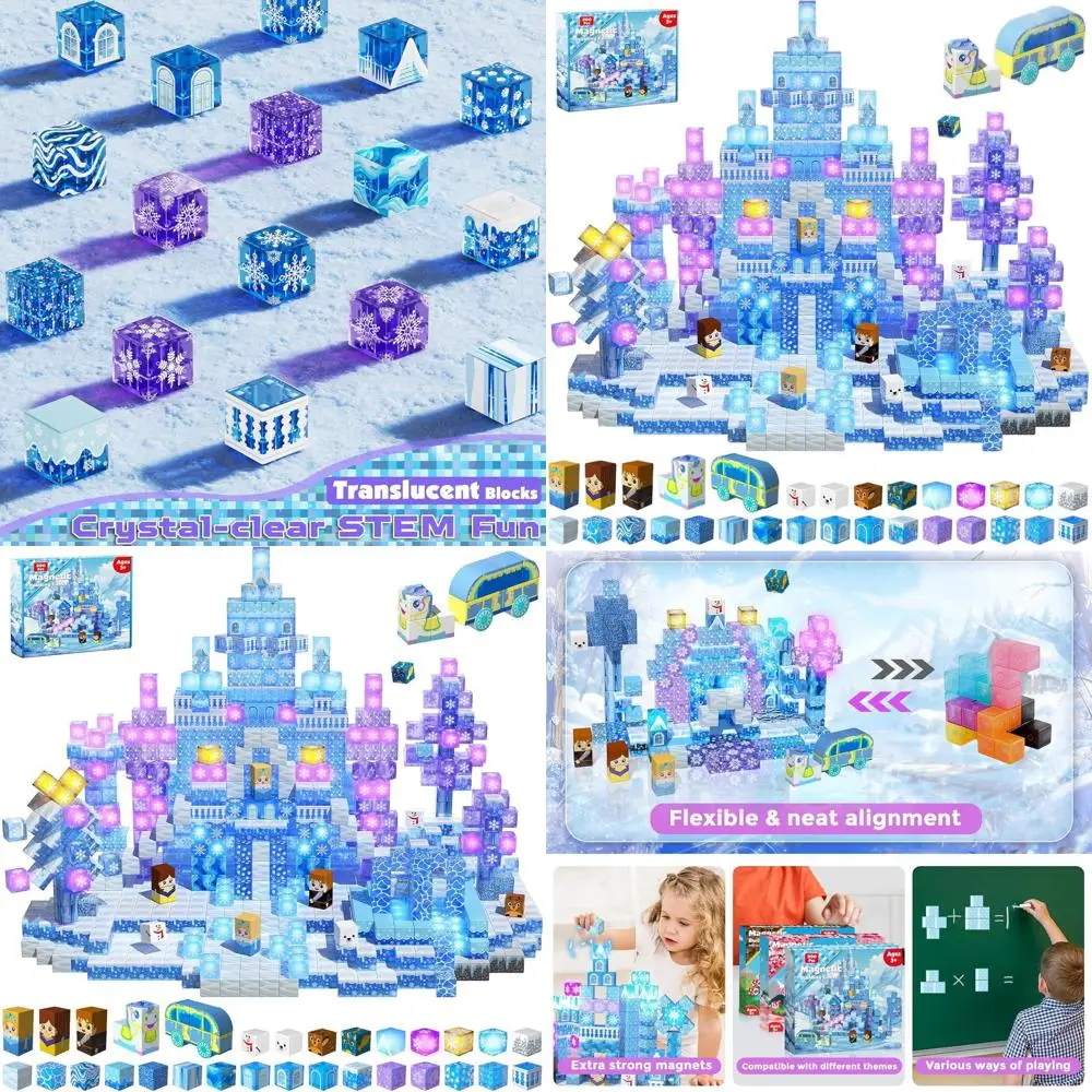 Bloques de construcción magnéticos de 200 piezas con imanes transparentes iluminados para el castillo de nieve azul, regalo ideal para niñas de 3 a 12 años