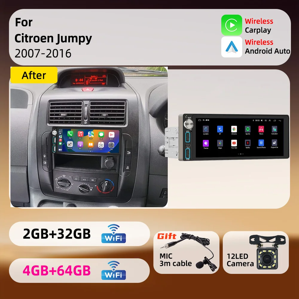 For Citroen Jumpy 2007-2016 Android 1Din Car Stereo 6.86 inch Screen Carplay GPS Car Multimedia Autoradio Radio Head Unit