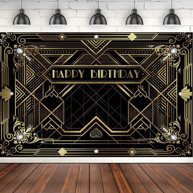 Great Gatsby Theme Birthday Party Photography Backdrop Black Golden Line Customize Decor Poster Background Banner