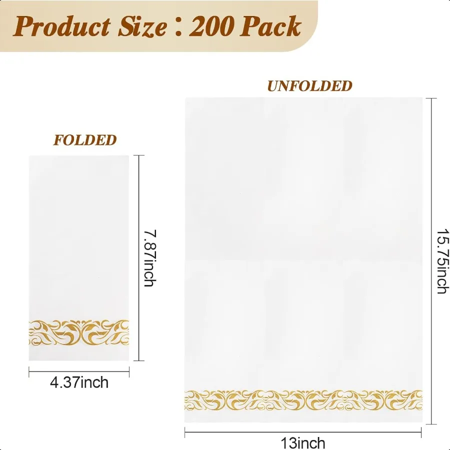 Confezione da 200 tovaglioli di carta Tovaglioli da tavola a 3 strati con finiture dorate per gli ospiti Asciugamani di carta da bagno morbidi e assorbenti, perfetti per