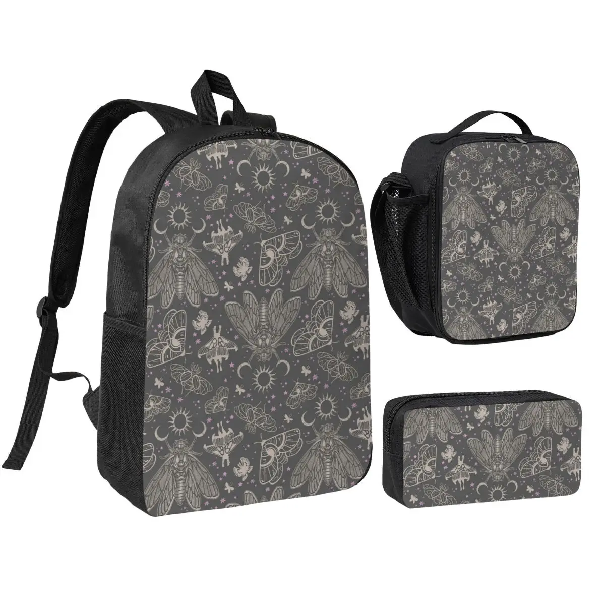 Cicada And Moth Witchy Celestial Sun Moon Pattern Backpack BookBag School Bag Shoulder Bags 3ps Insulated Lunch Bag Pencil Case