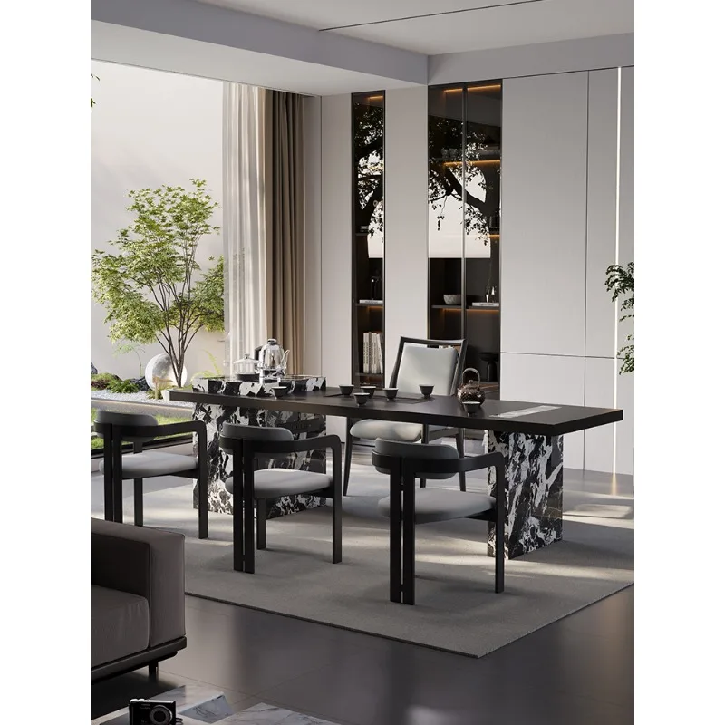 

Medieval style modern simple tea table and chair combination villa balcony meeting guests advanced rock slab tea table