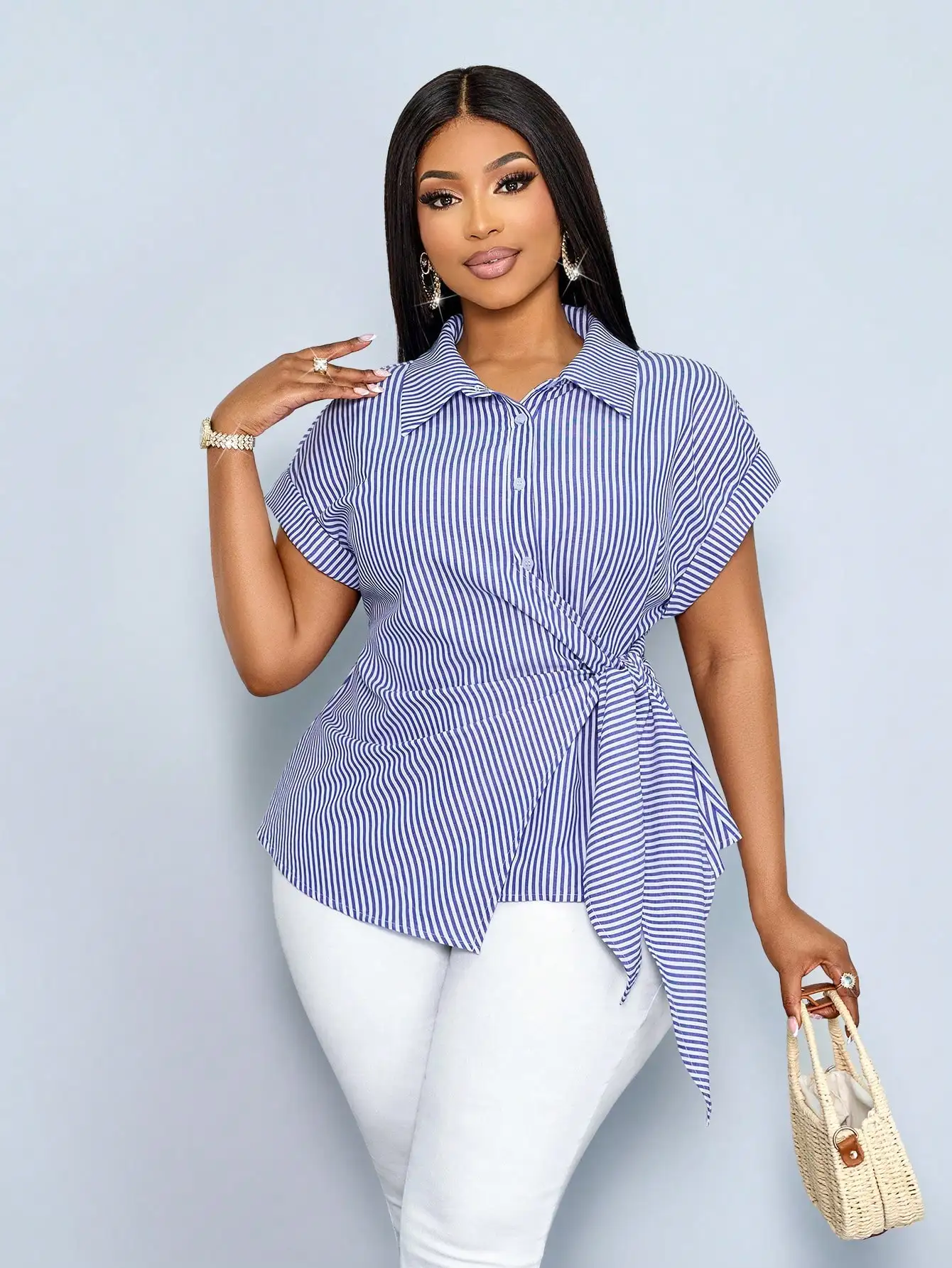 

Женская блузка в полоску с пуговицами и завязками, повседневная, элегантная