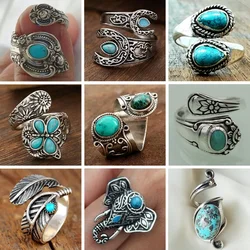 Bohemian Ethnic Style Creative Faux Turquoise Opening Adjustable Ring Women Retro Party Personality Jewelry Accessories
