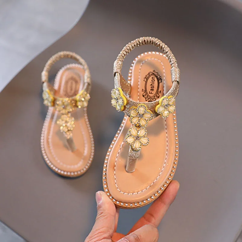 Little Girl Sandal Summer Rhinestone Flower Children Princess Clip-toe Beach Sandals Fashion Sequins Kids Causal Flat Flip Flops