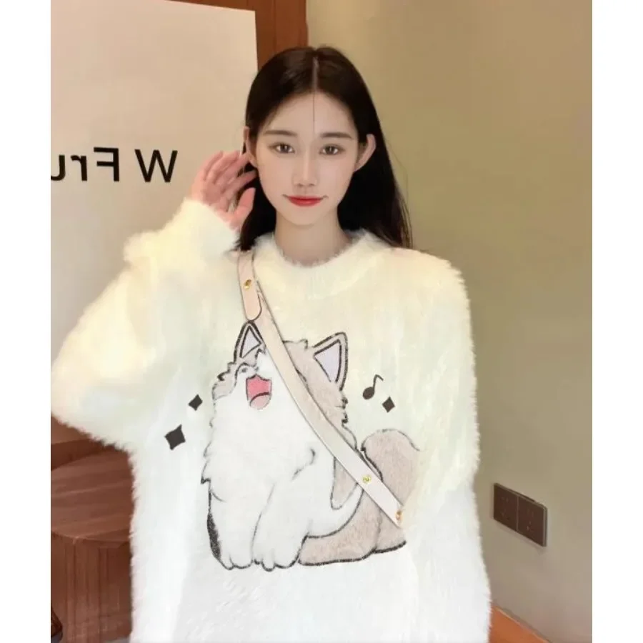 Furry Cat Loose Knit Sweater Embroidery Cartoon Cute Plush Pullover Women 2024 y2k clothing fairycore 2000s kawaii grunge korean