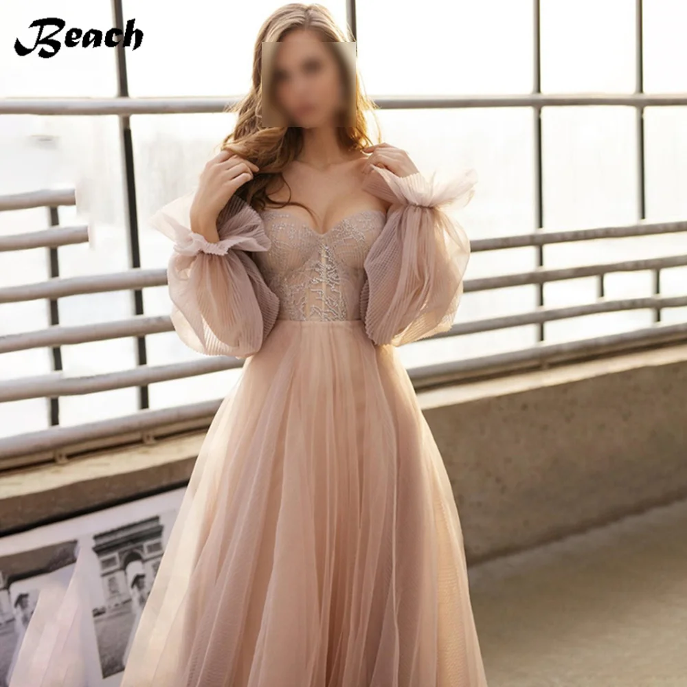 

Beach Sweetheart Tulle Wedding Dress Lace Beading V Neck Flare Sleeve Backless A Line Bridal Gown Robe De Mariee Court Train