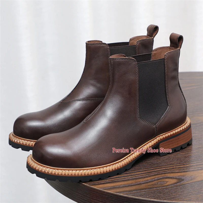 Men's Handmade Cowhide Short Boots British Style Thick Soled Genuine Leather Chelsea Boots Spring Autumn Trendy High Top Shoes