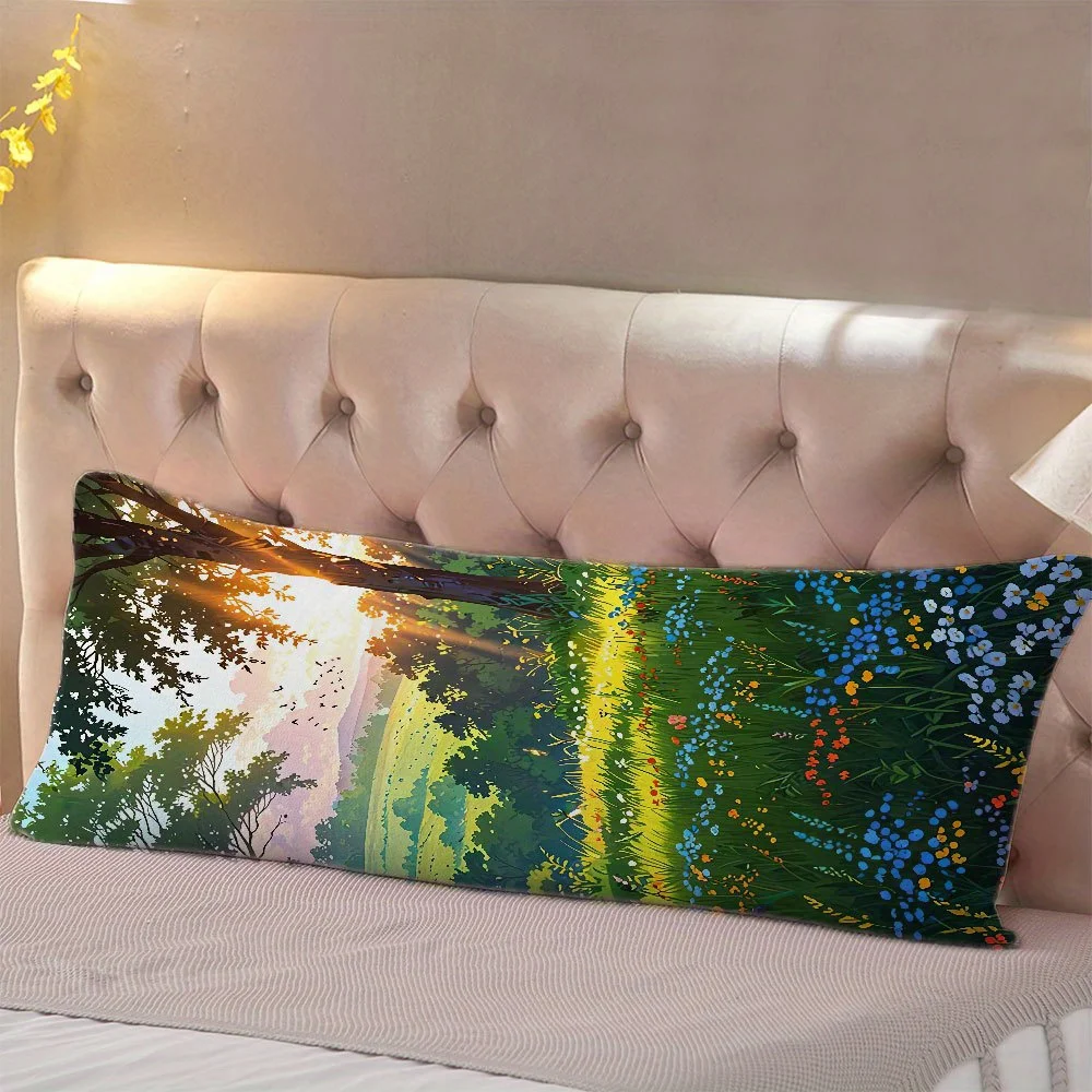 1pc Full Body Support Pillow Cover 20x54 Inch - Dual-Sided Design with Vibrant Nature Landscape & Geometric Patterns, Breathable