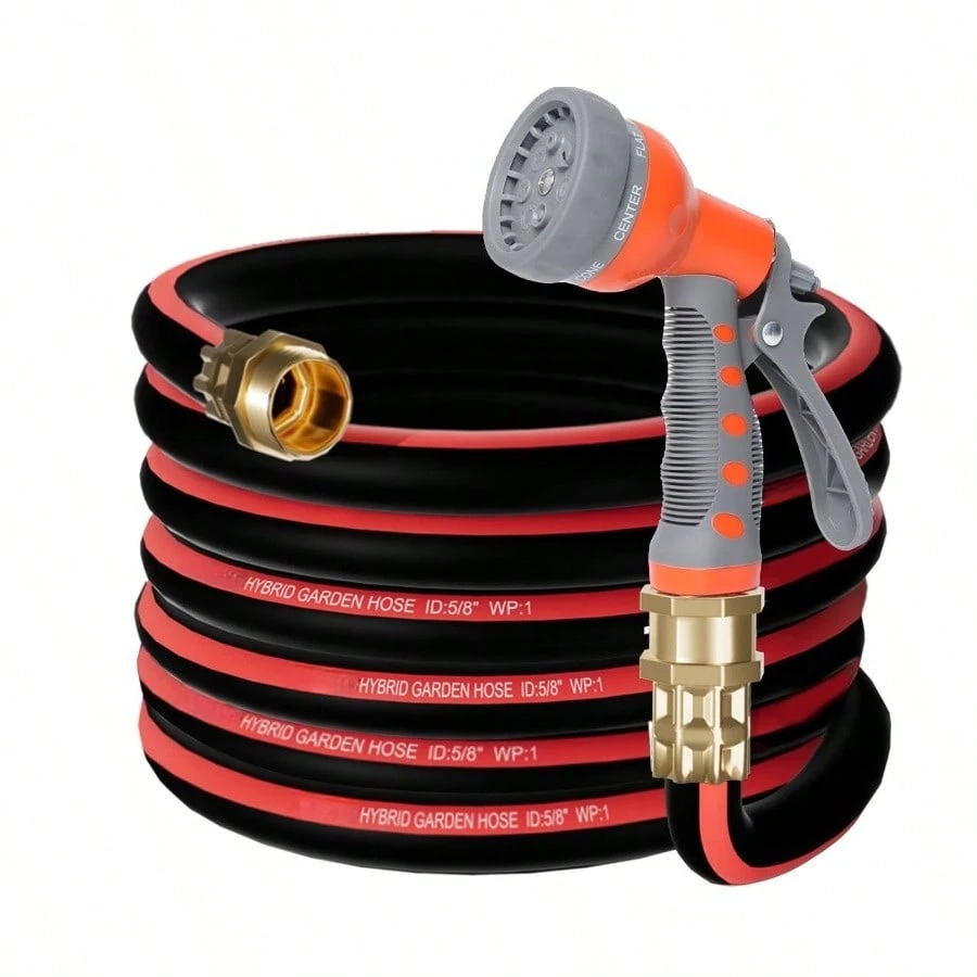 

Heavy Duty Flexible Garden Hose Outdoor 5/8 Inch with Pattern Spray Nozzle Rubber Hose Car Washing Pipe 3/4 Solid Brass Fittings