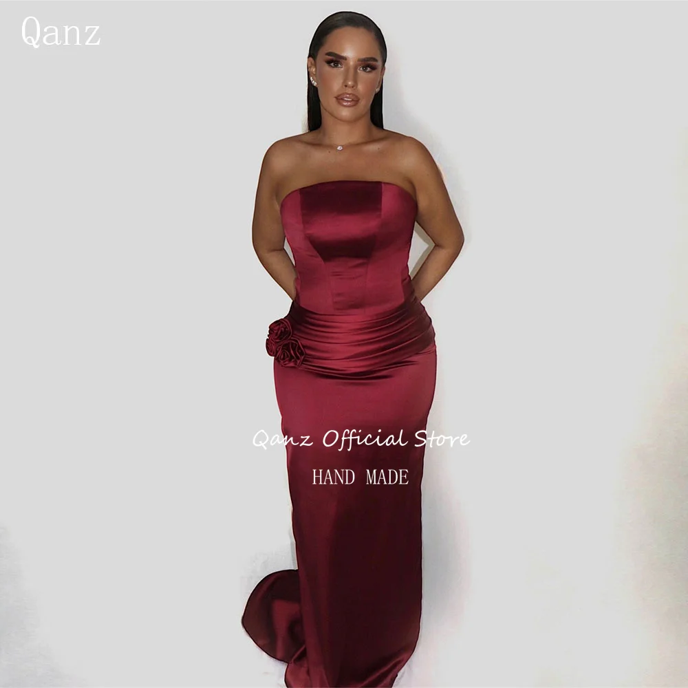 

Qanz Burgundy Strapless Prom Dresses Mermaid Satin Pleat Robe Soirée Femme Handmade Flowers Formal Dresses Woman Customized