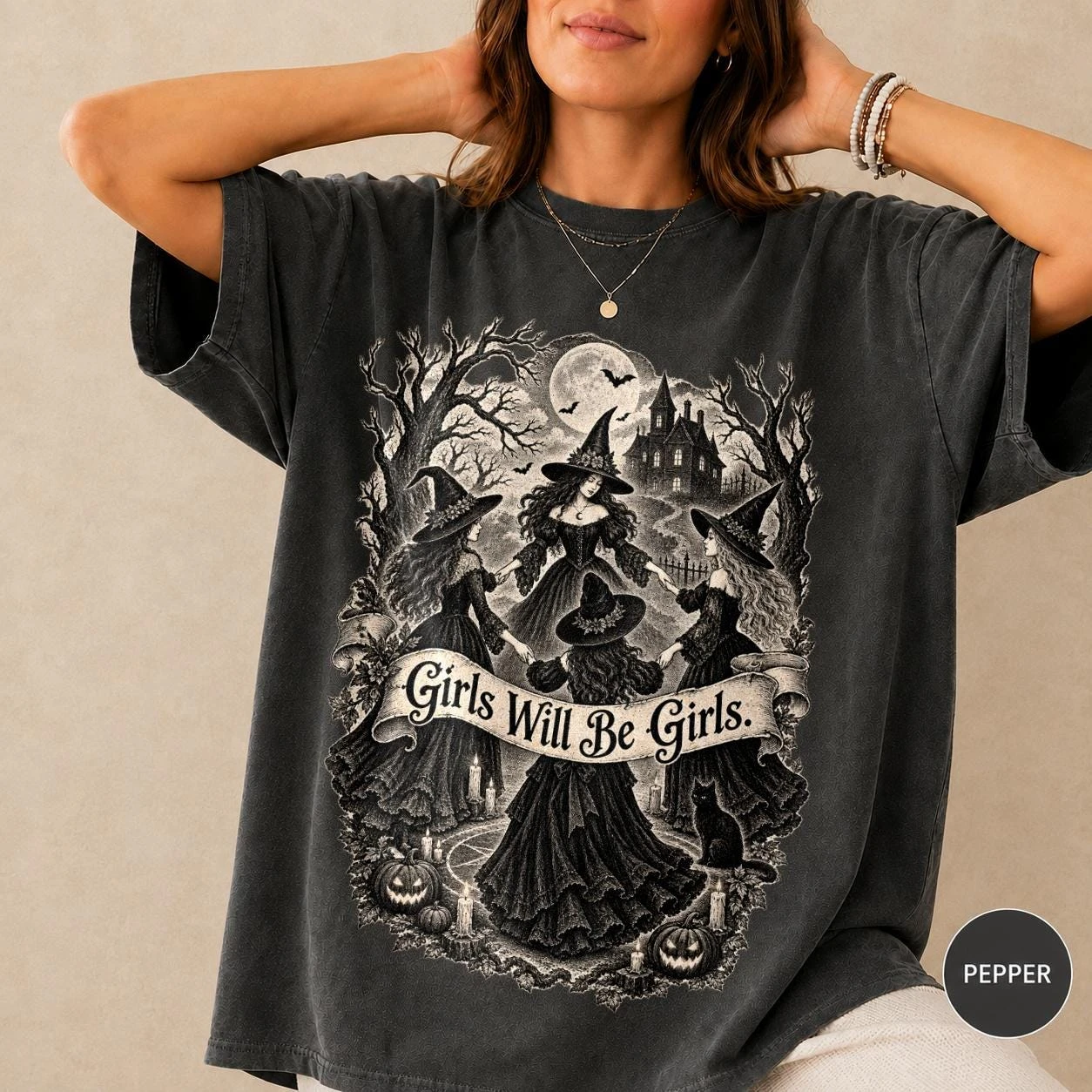 Vintage Girls Will Be Girls Witch Shirt, Funny Halloween T-Shirt, Witchy Vibes Tee, Retro Feminist Graphic Shirt