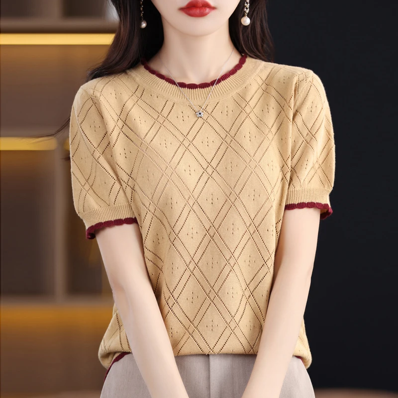 Women's T-shirt Summer New 100% Cotton Sweater Short Sleeve Casual Round Neck Women's Top Loose Color blocked Pullover