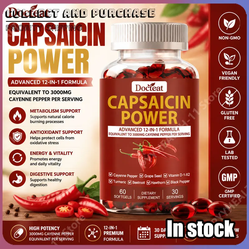 Docteat Capsaicin Softgels with Vitamin D3 Cayenne Pepper Beetroot Turmeric Antioxidant Plant Extracts Daily Wellness Supplement