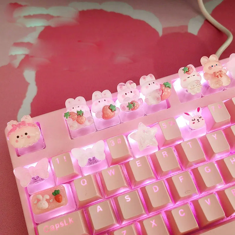 Simpatico cartone animato trasparente fragola coniglio Keycap fai da te fatto a mano personalizzato tastiera meccanica dedicata PBT Keycap