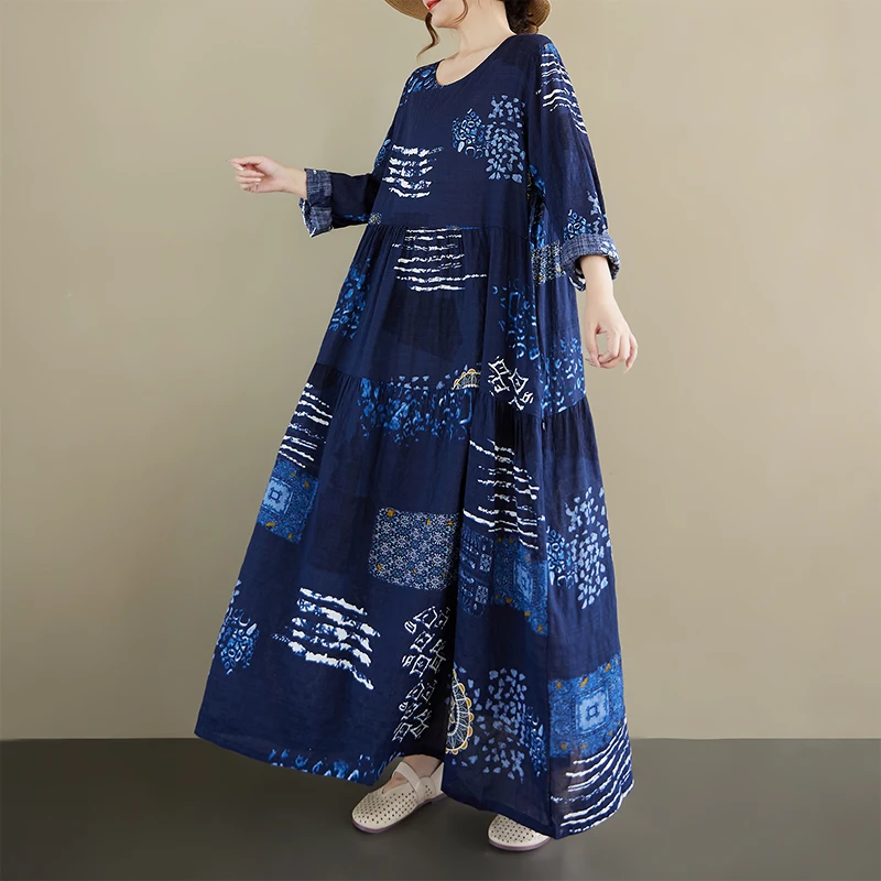 

Autumn New Style Retro Anti-Aging Linen Cotton round Neck Long Sleeve Pleated Skirt Midi Dress for Middle-Aged And Elderly Women