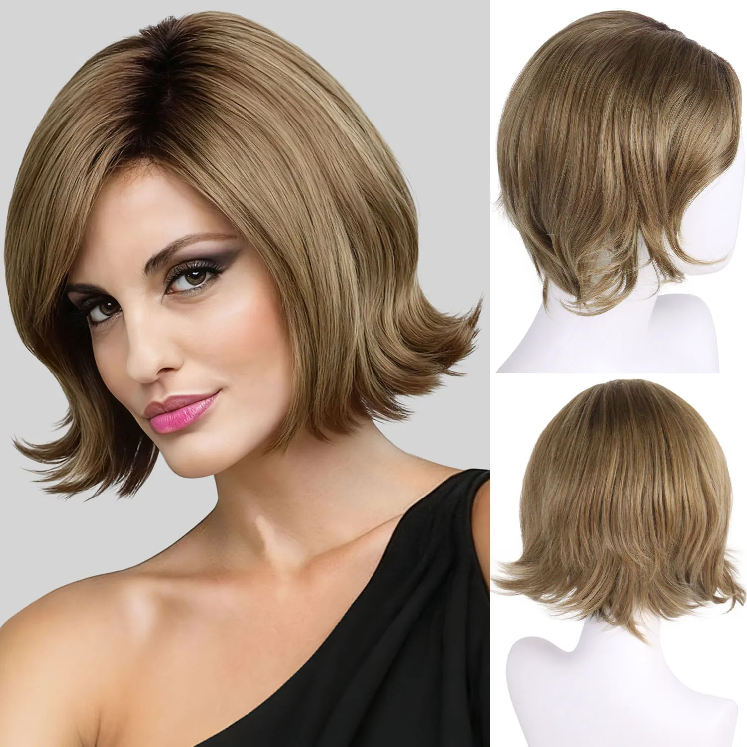 

Synthetic Brown Wigs with Side Bangs for Women Ladies Short Curly Dark Root Wig Costume Party Daily Wear Hair Replacement Wig