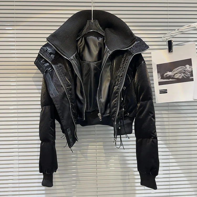 2025年冬新作 ニッチデザイン スパイシーガール ドローストリングストラップ ダブルレイヤーカラー ブライトフェイス ファッションストリート 暖かいダウンジャケット