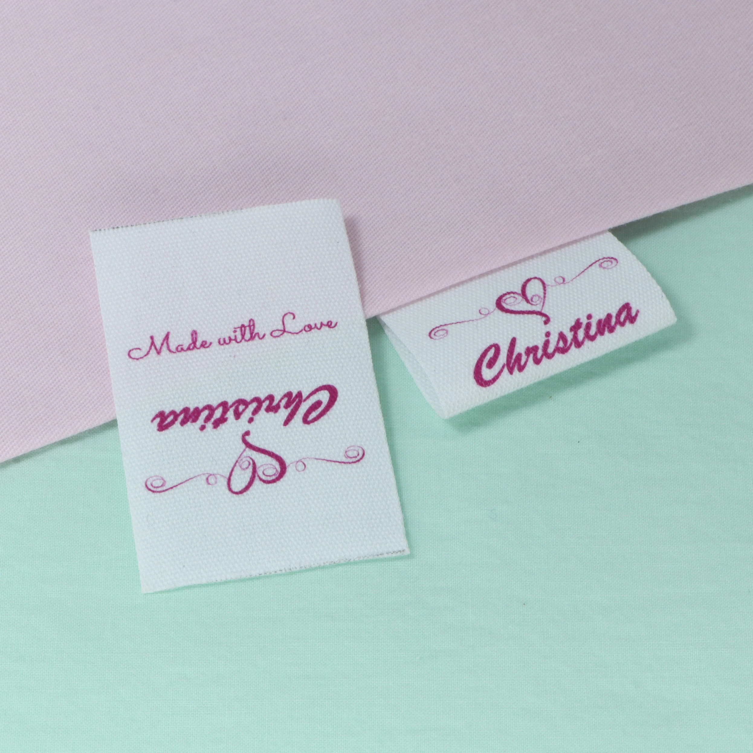 Custom Clothing Labels, Pink series, Organic Cotton Logo or Text Label,  Custom or mashup (FR100)