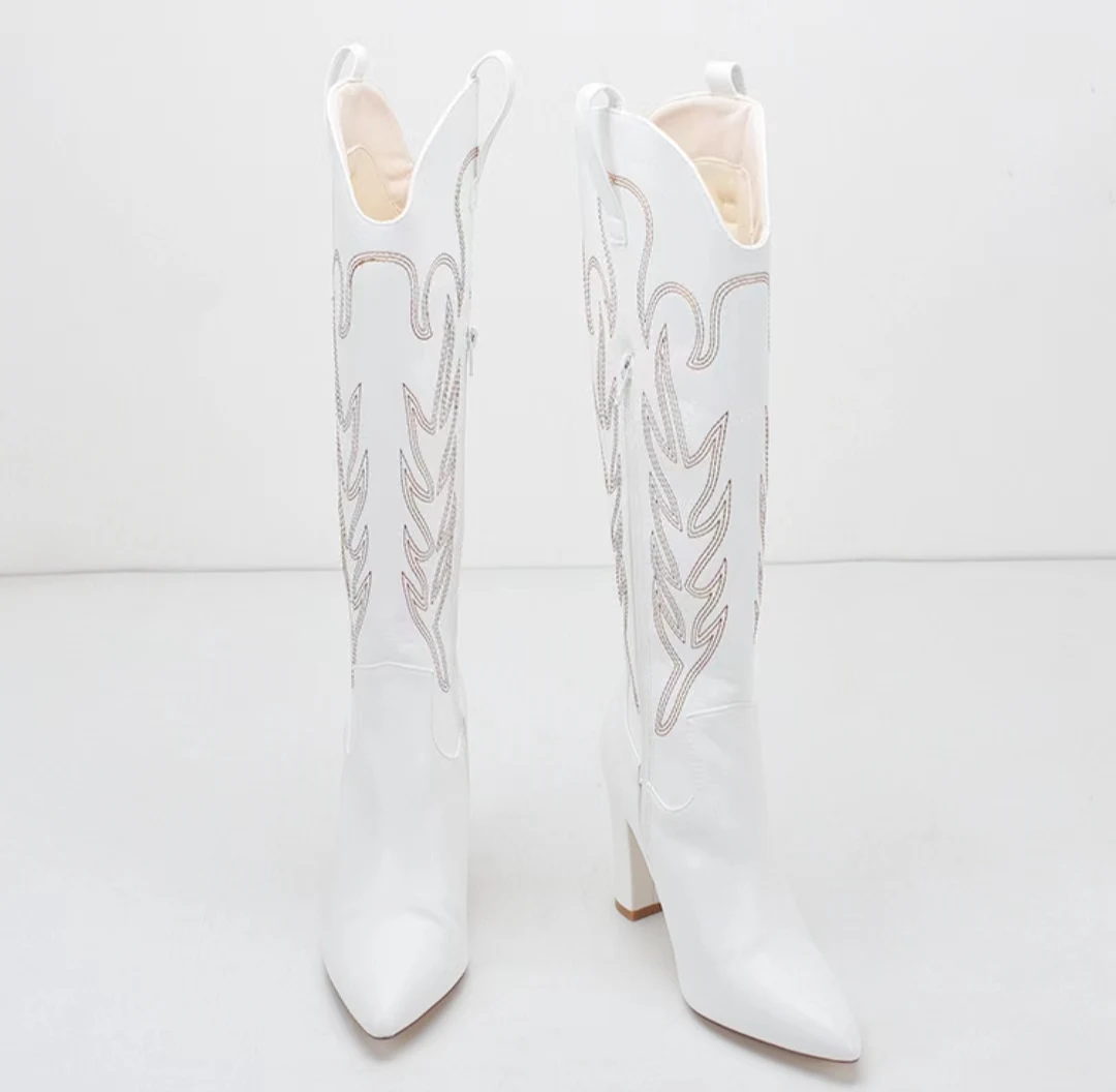 2024 Traf New Pointed Large Embroidered High Heel Cowboy Cowgirl Women\'s Boots High Sleeve White Long Boots Wedding Western boot