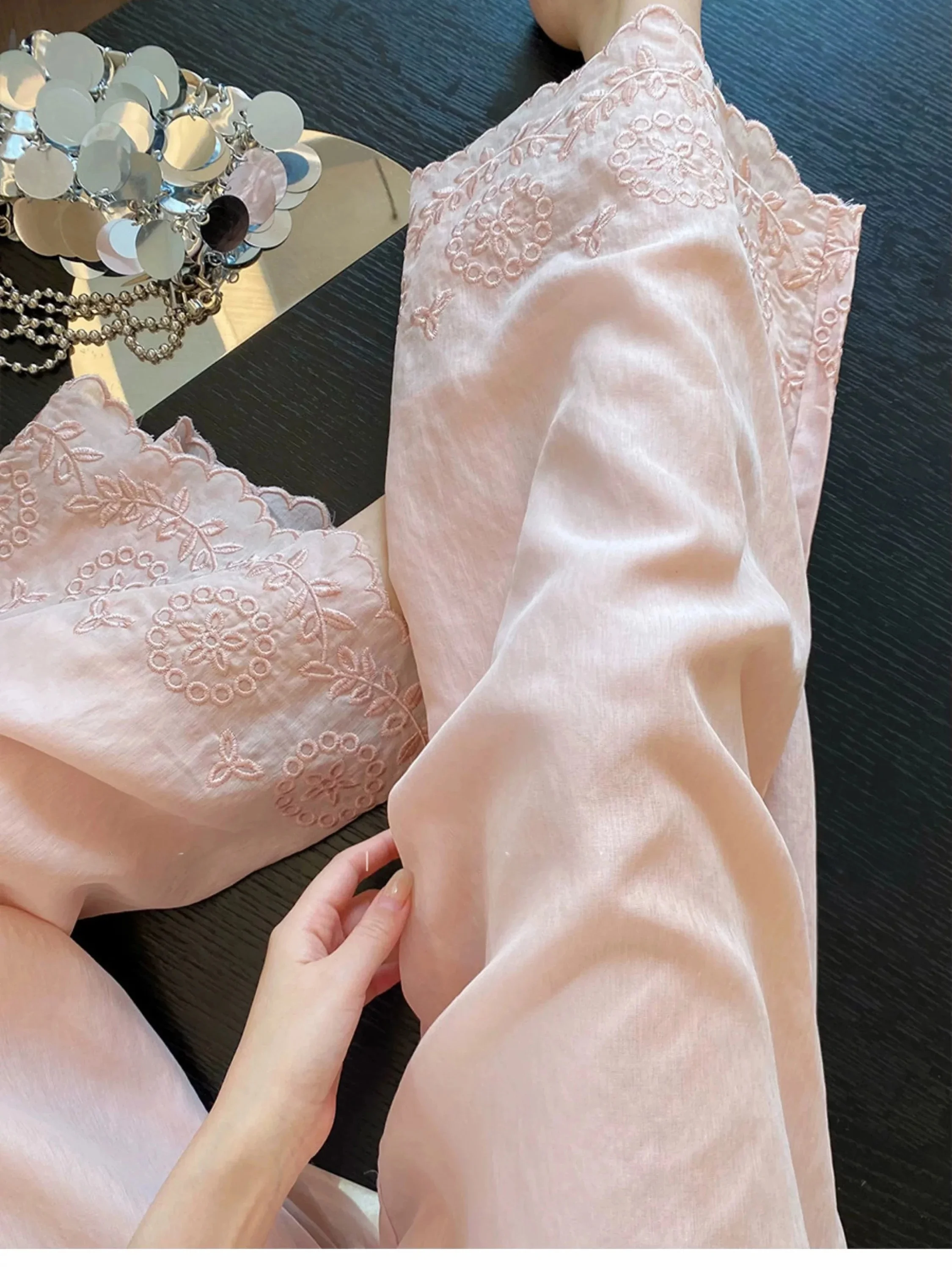 Elegant Embroidered  Linen Wide Leg Pants Women Summer Sweet Youthful Casual Straight Long Trousers Draping Flounce