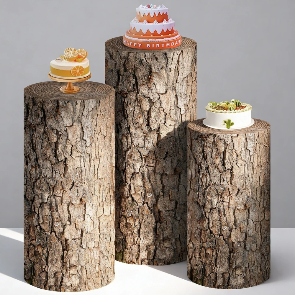 

Cracked Tree Bark Cylinder Pedestal Cover Set Rustic Wedding Backdrop Bachelorette Party Decor Baby Shower Cake Stand
