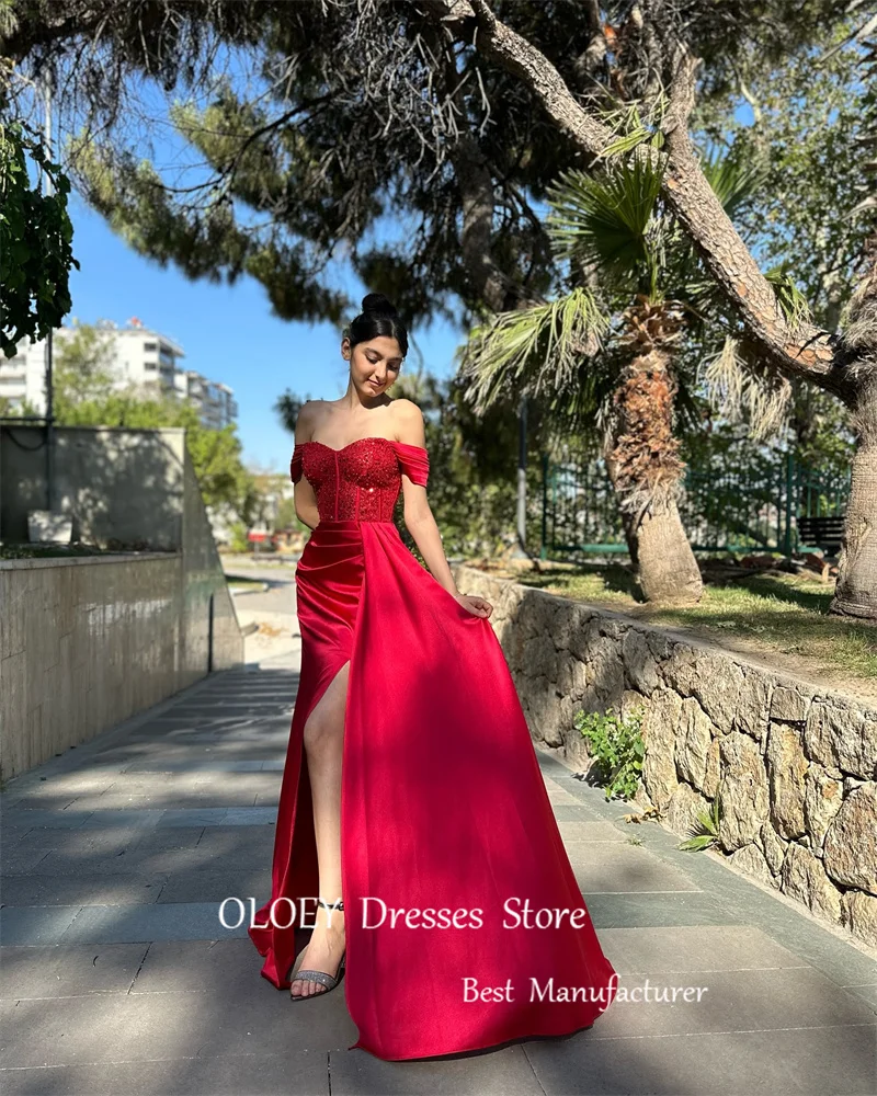 OLOEY Sexy Off Shoulder Red Mermaid Evening Dresses Sleeves Split Shiny Sequin Satin Pleats Prom Gowns Celebrity Party Dress