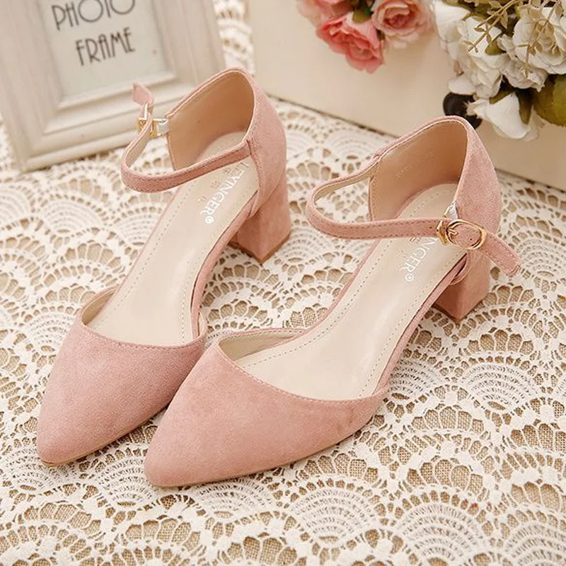 FHC 2024 New Women Pumps,Flock High Heels,Side Shallow Out Shoes,Ankle Buckle Strap,Pointed Toe,Pink,Black,Beige,Dropship