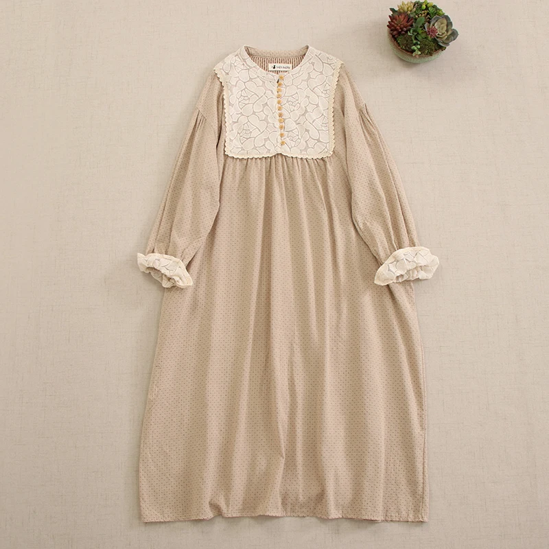 Sweet Mori Girl French Elegant Style Dot Print Lace Embroidery Cotton Dress Women Spring Autumn Long Sleeve Loose Midi Dresses