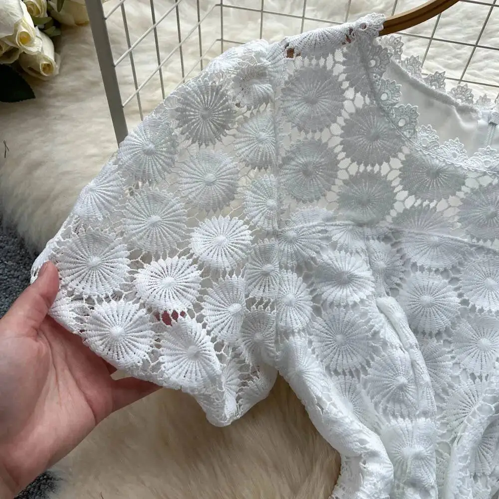 Sexy chic Hook flower hollow puff sleeve A-line dress Vintage Women Casual High Street summer women clothing