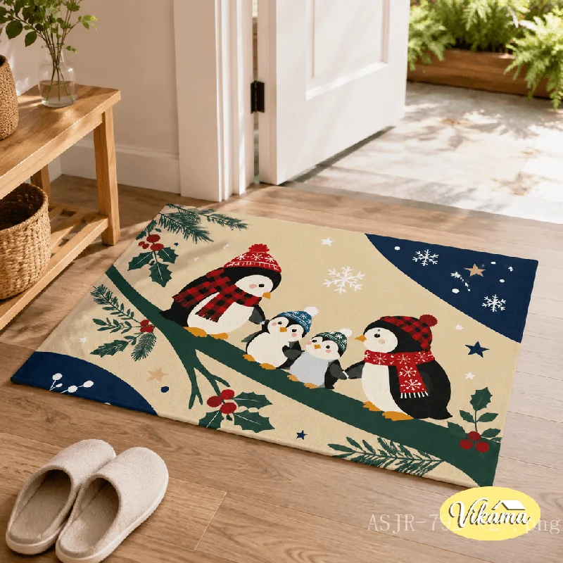 VIKAMA Cute Christmas Penguin Doormat, Stain-Resistant and Non-Slip Entryway Rug, Front Door Decorative Doormat, Home Decor