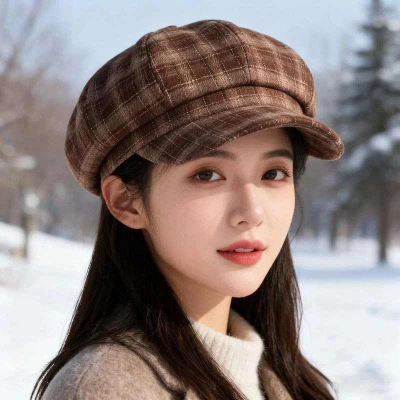 Women's Fashionable Checkered Beret: Casual, Versatile, “Cloud-Style” Hat, British-Style Octagonal Hat, Trendy Artist-Style Hat